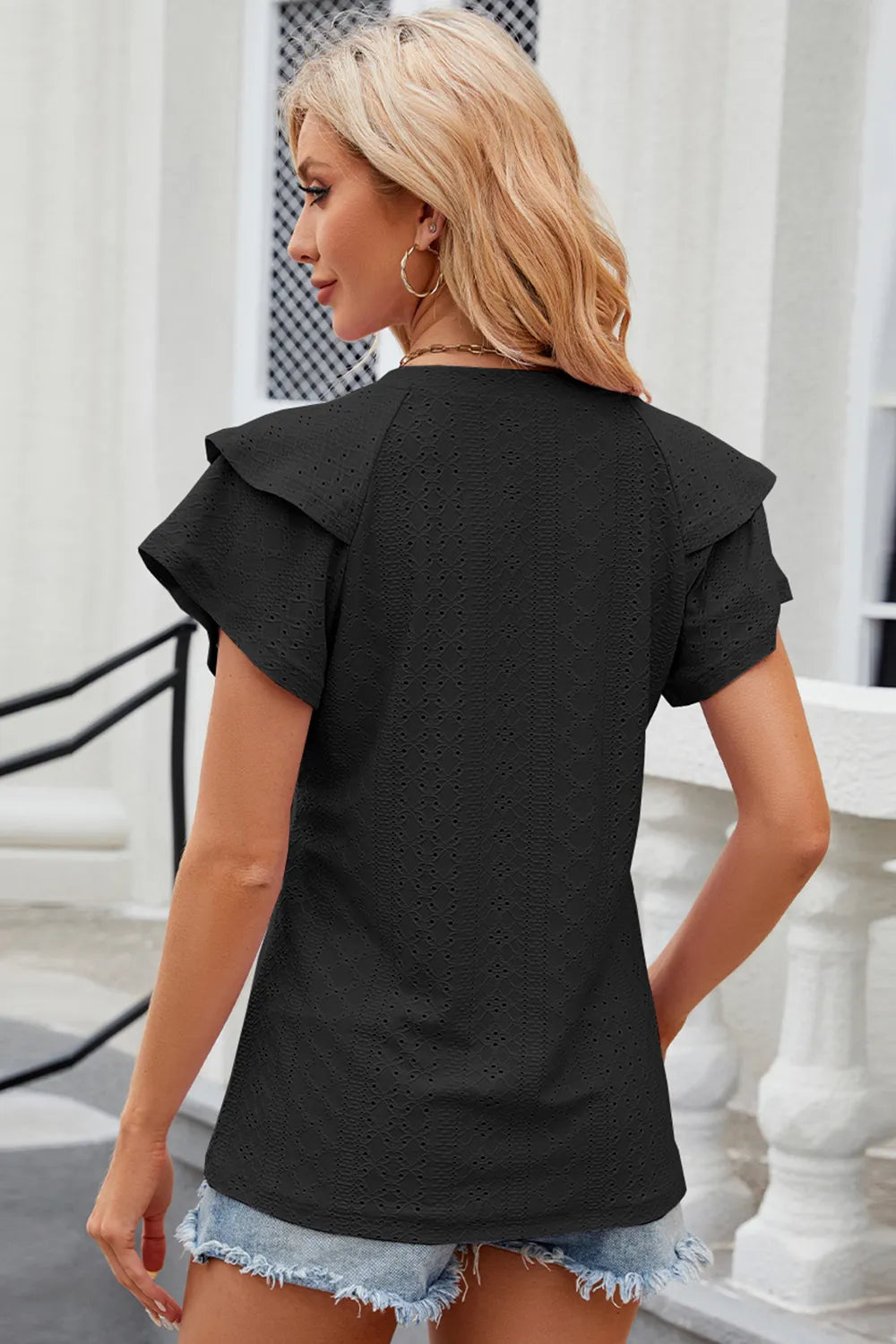 Eyelet Notched Flutter Sleeve T-Shirt – Trendsi | ClozArt