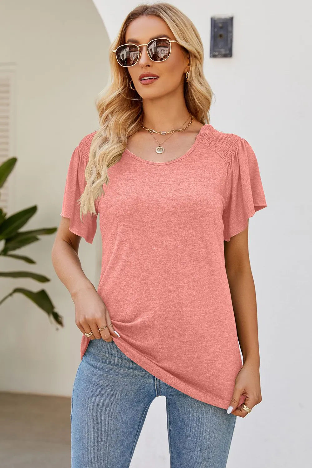 Smocked Round Neck Flutter Sleeve T-Shirt – Trendsi | ClozArt