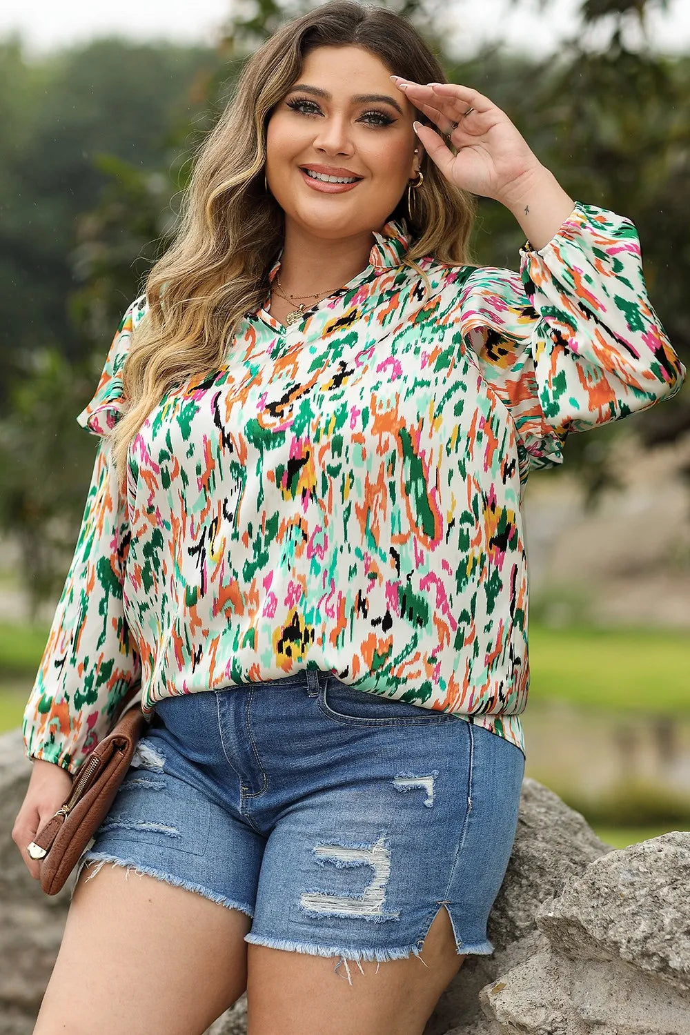 Plus Size Printed Ruffle Trim Long Sleeve Blouse – Trendsi | ClozArt
