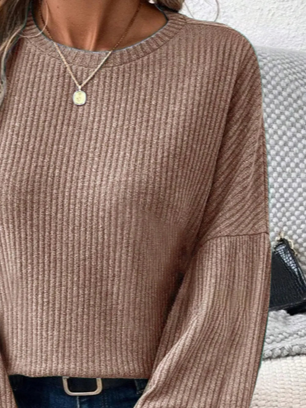 Ribbed Round Neck Lantern Sleeve T-Shirt – Trendsi | ClozArt