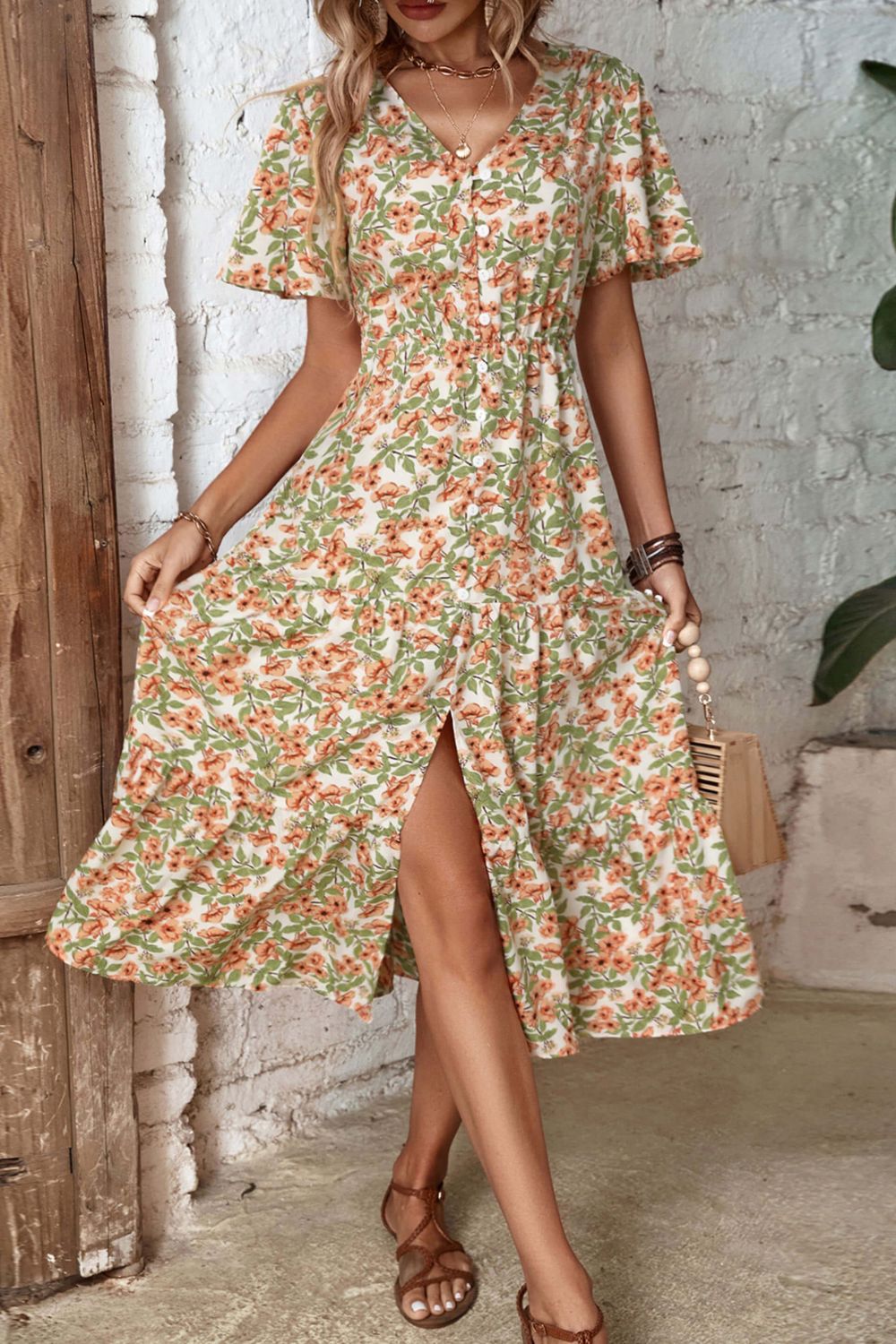 Perfee Floral V-Neck Front Slit Dress – Trendsi | ClozArt