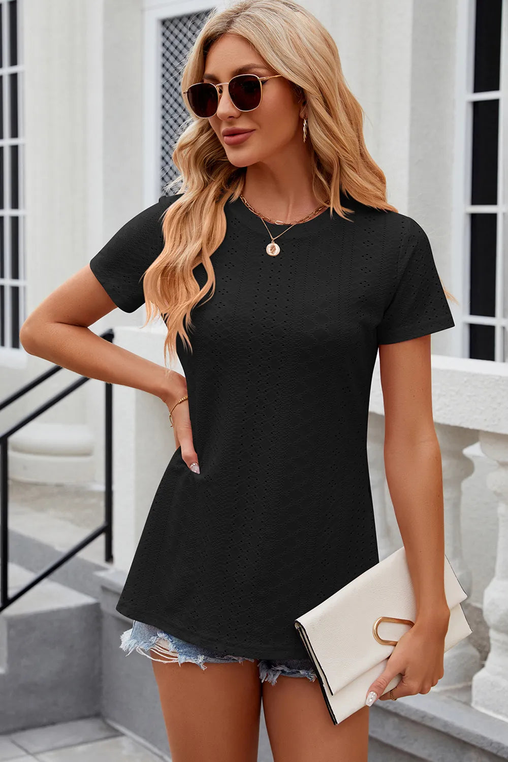 Eyelet Slit Round Neck Short Sleeve T-Shirt – Trendsi | ClozArt