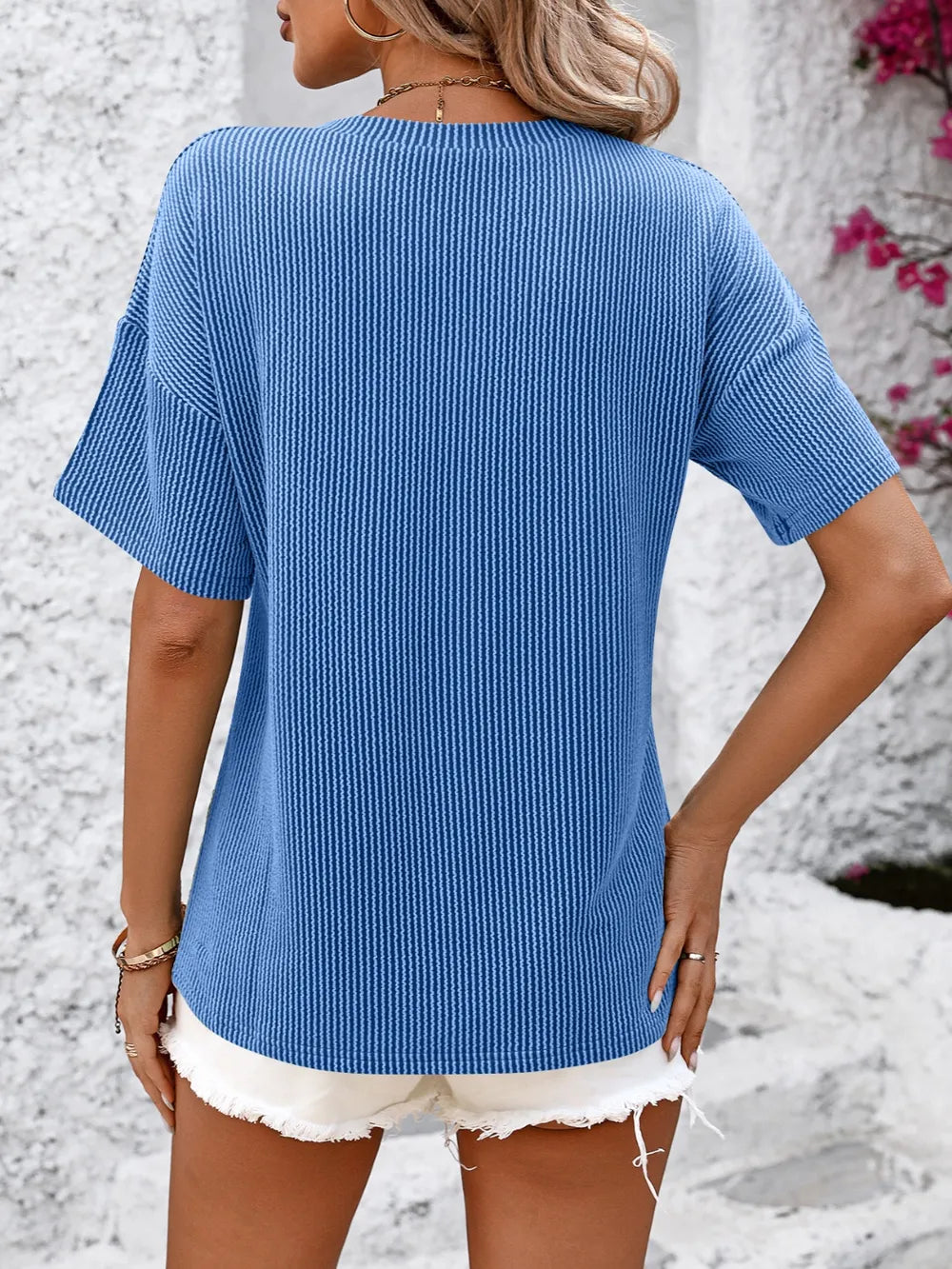 Mandy V-Neck Dropped Shoulder T-Shirt – Trendsi | ClozArt