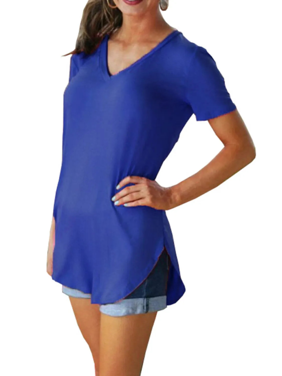 Full Size Solid V-Neck Short Sleeve T-Shirt Plus Size – Trendsi | ClozArt