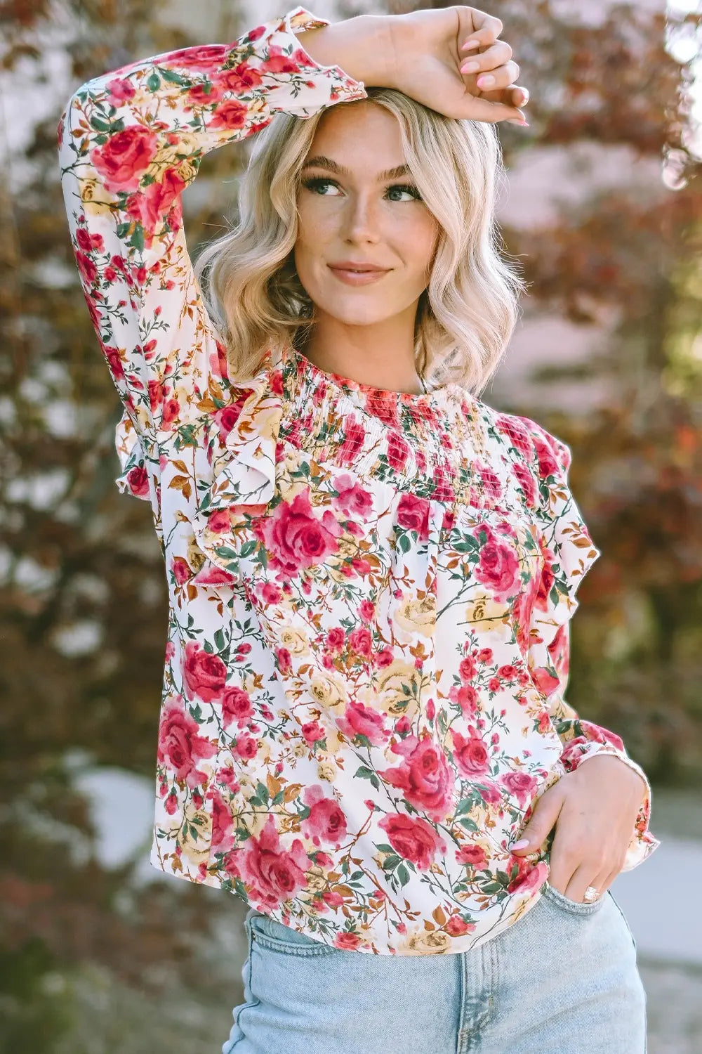 Floral Round Neck Smocked Blouse – Trendsi | ClozArt