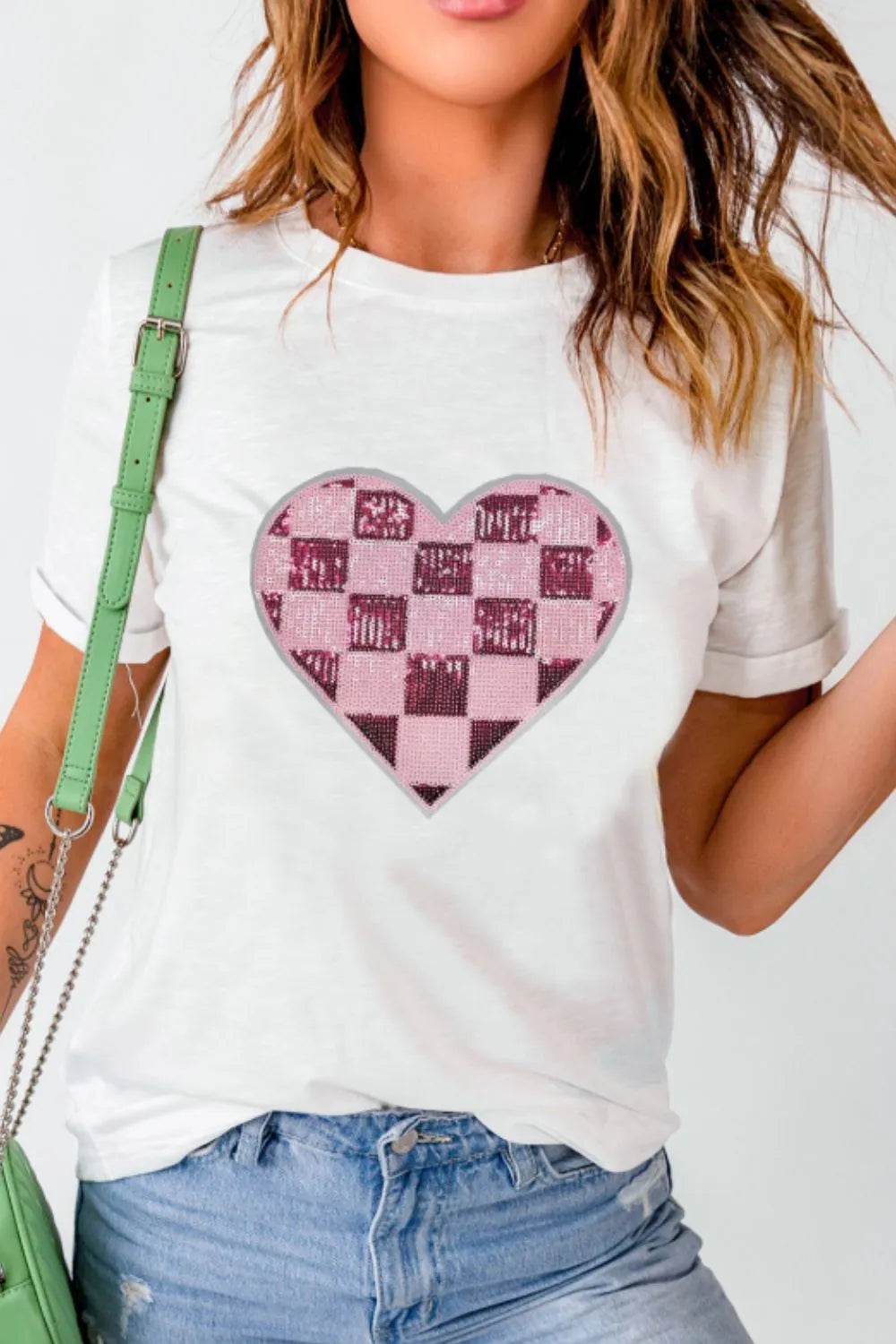 Sequin Checkered Heart Round Neck Short Sleeve T-Shirt – Trendsi | ClozArt