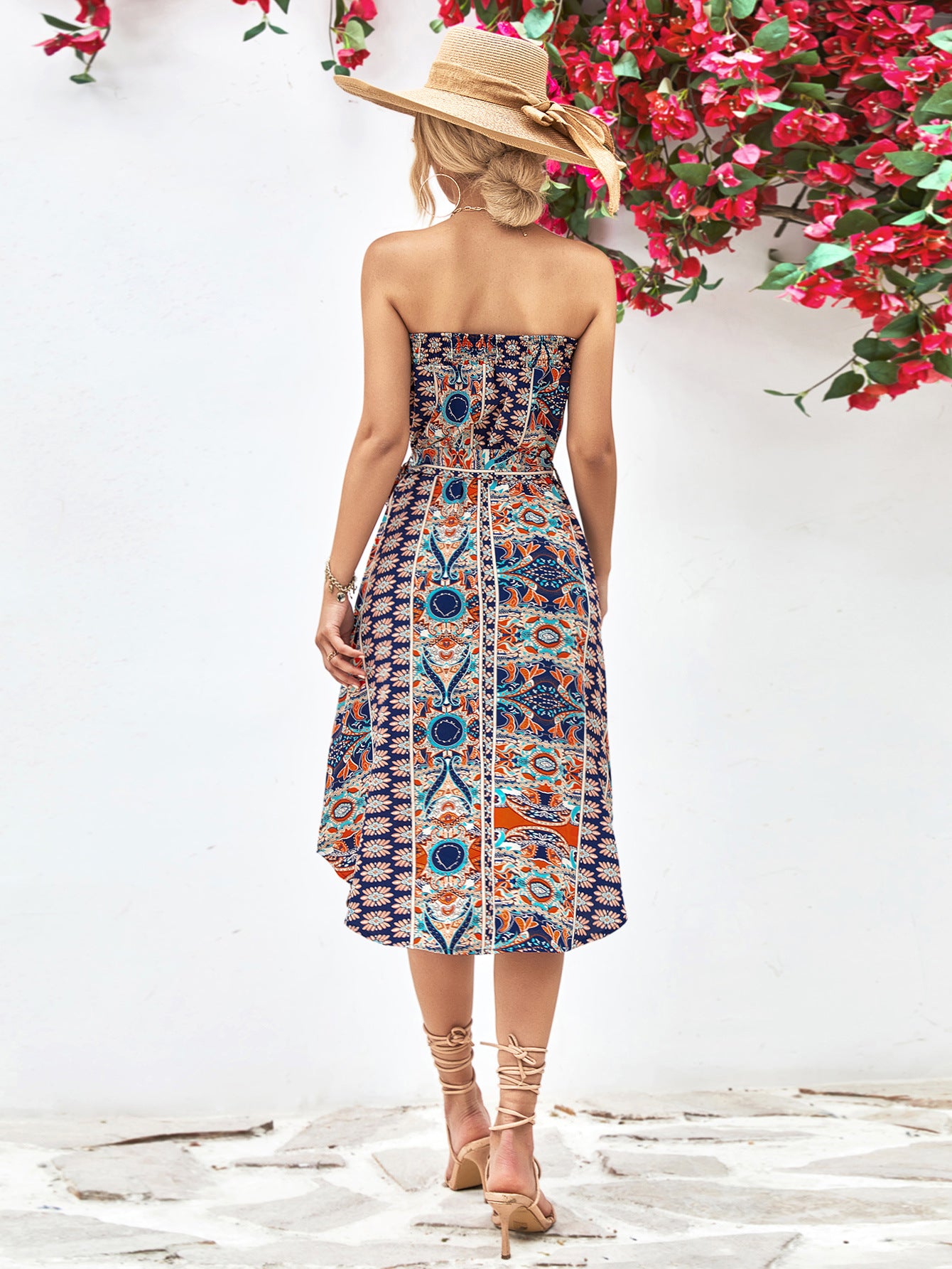Printed Strapless Tie Belt Dress – Trendsi | ClozArt
