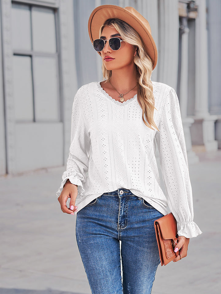 Eyelet V-Neck Flounce Sleeve Blouse – Trendsi | ClozArt