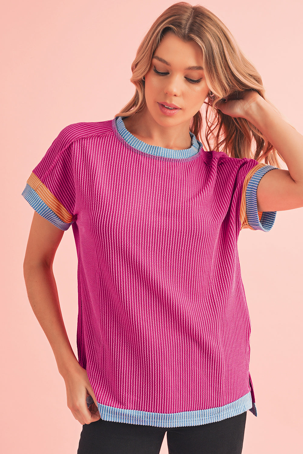 Bright Pink Textured Contrast Color Round Neck T Shirt – Shewin | ClozArt