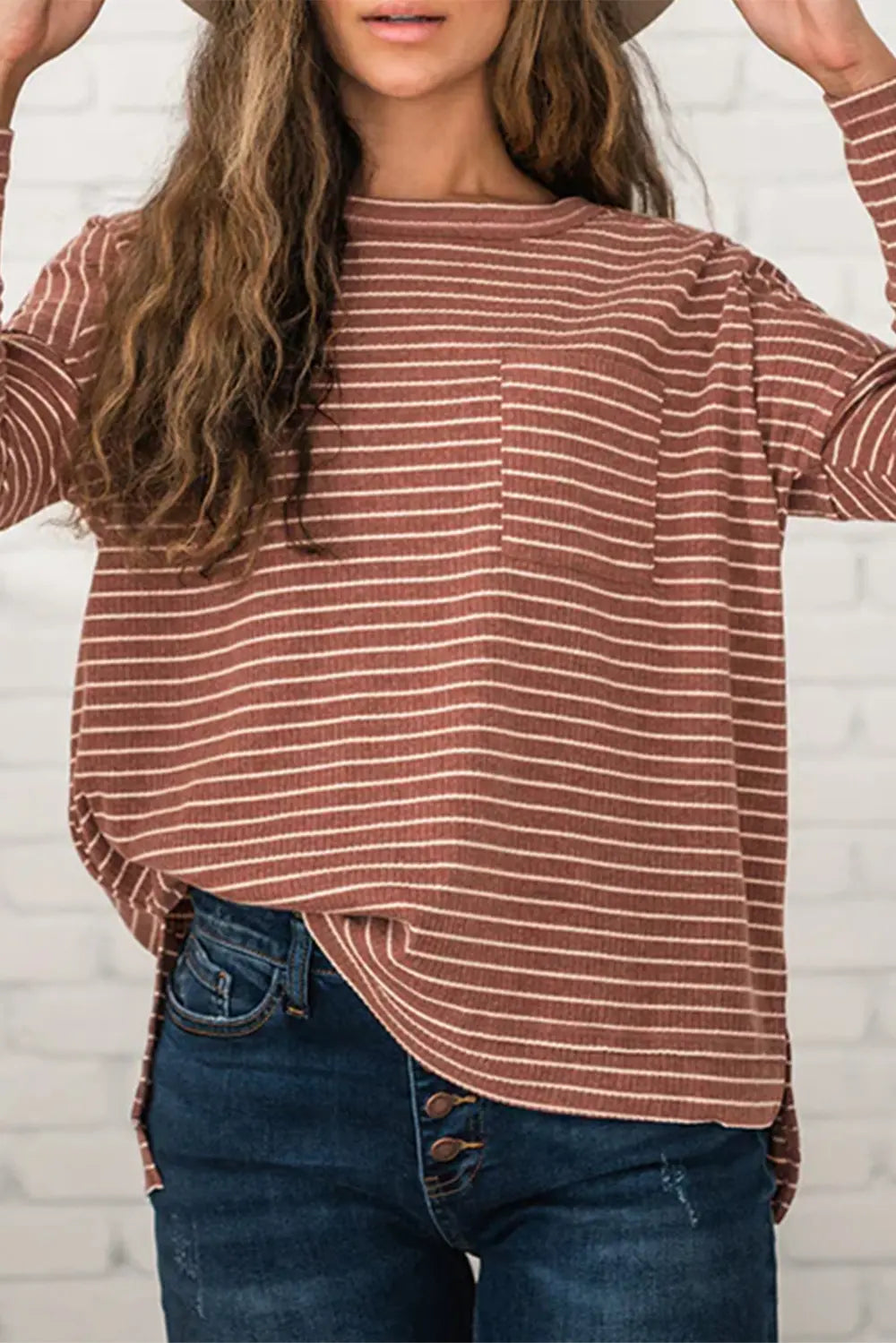 Striped Round Neck Long Sleeve Slit T-Shirt – Trendsi | ClozArt