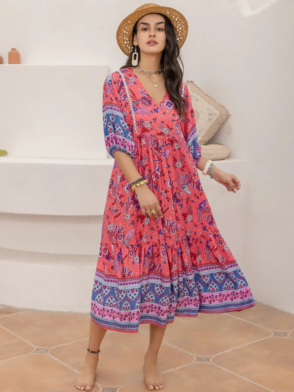 Printed Puff Sleeve Midi Dress – Trendsi | ClozArt