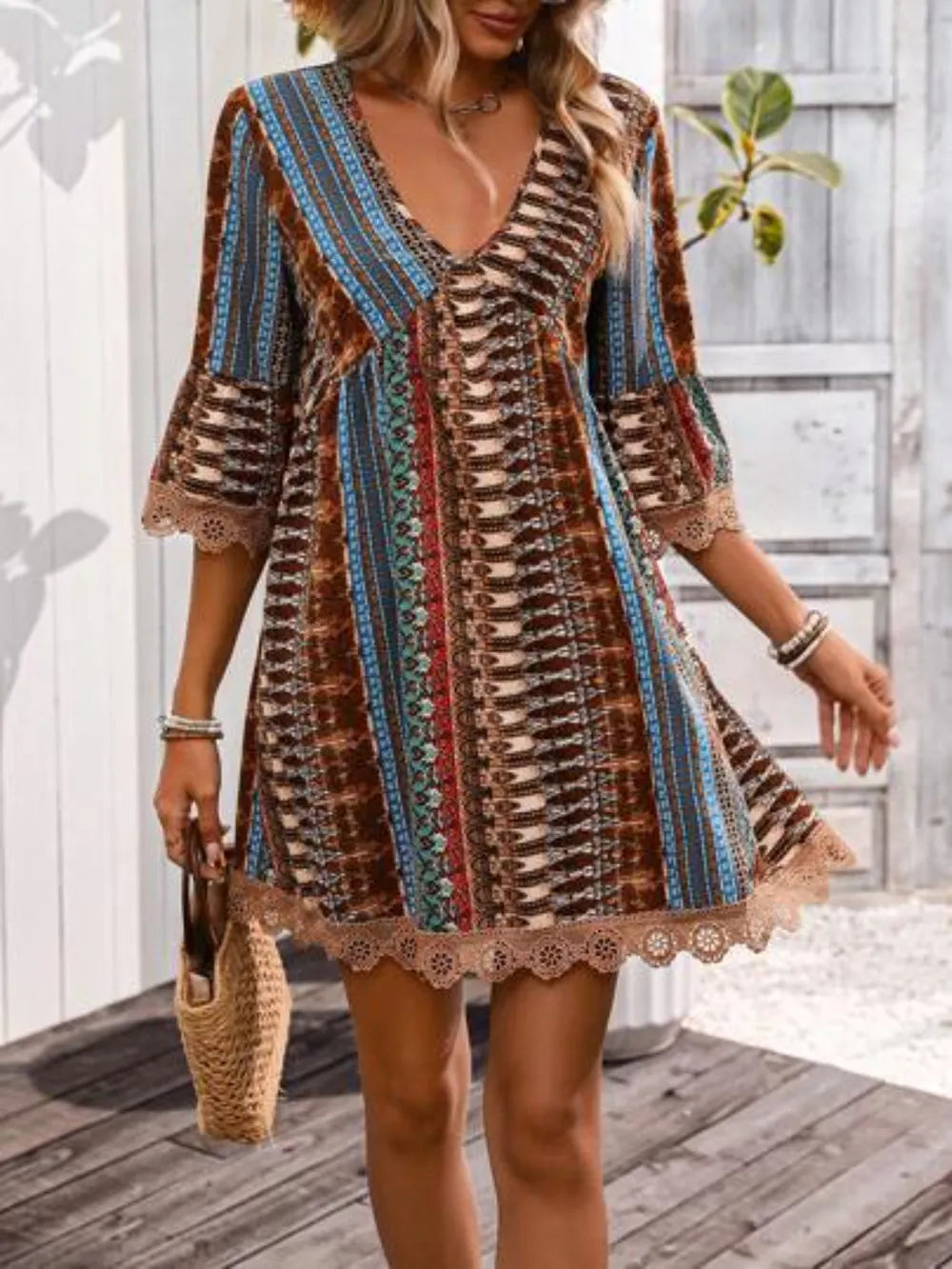 Lace Trim Printed V-Neck 3/4 Sleeve Dress – Trendsi | ClozArt