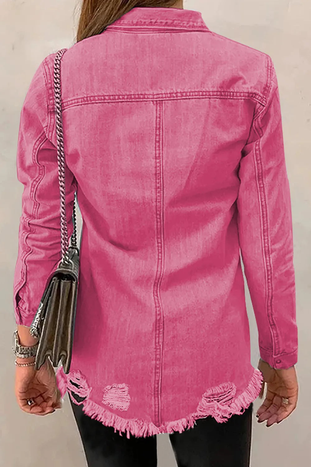 Distressed Raw Hem Snap Down Denim Jacket – Trendsi | ClozArt