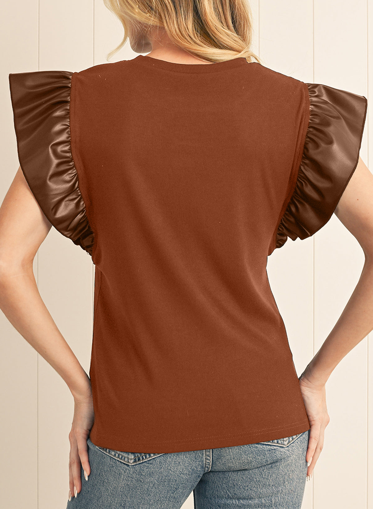 Black Leather Ruffle Shoulder Plain Blouse – Shewin | ClozArt