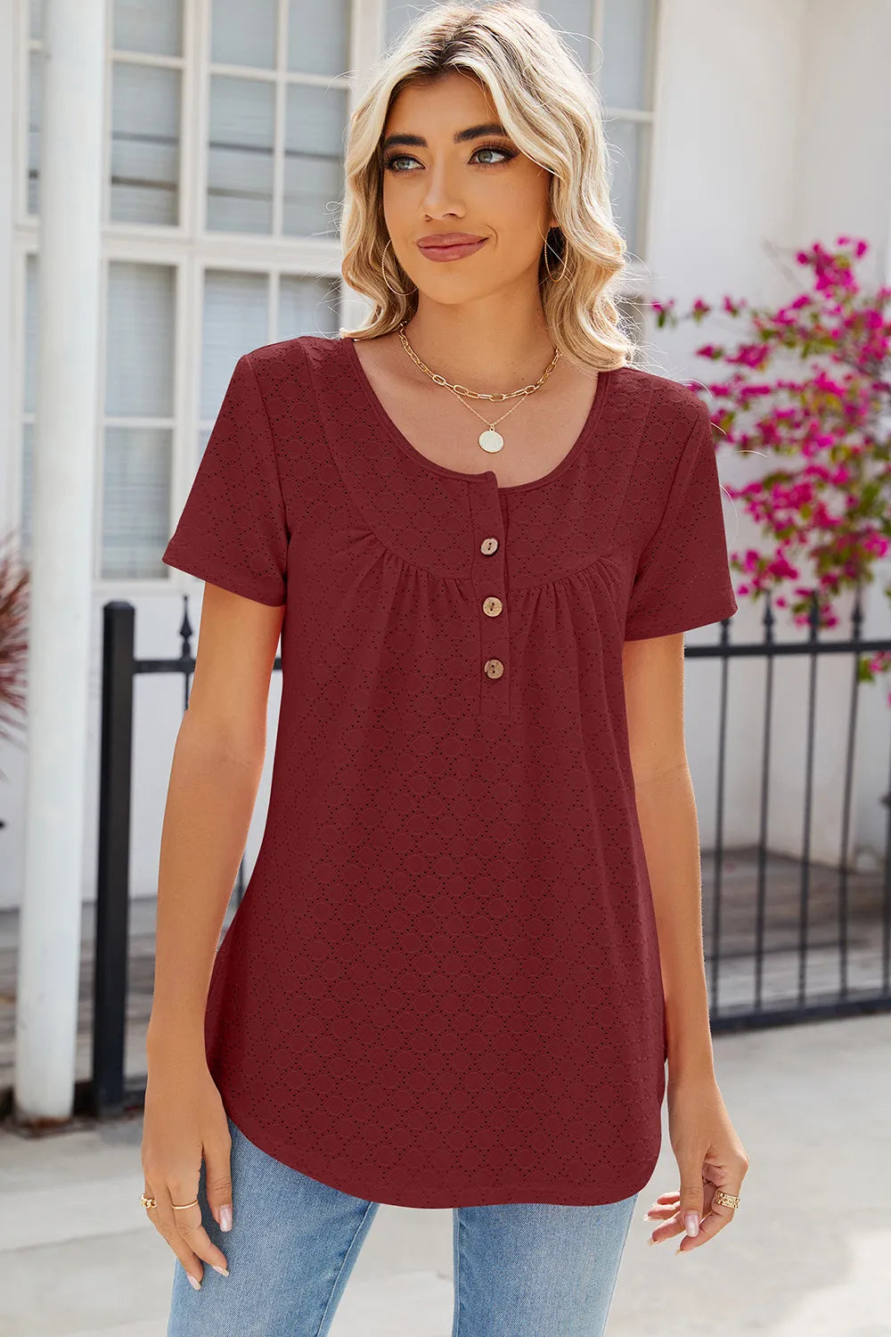 Eyelet Quarter Button Short Sleeve T-Shirt – Trendsi | ClozArt