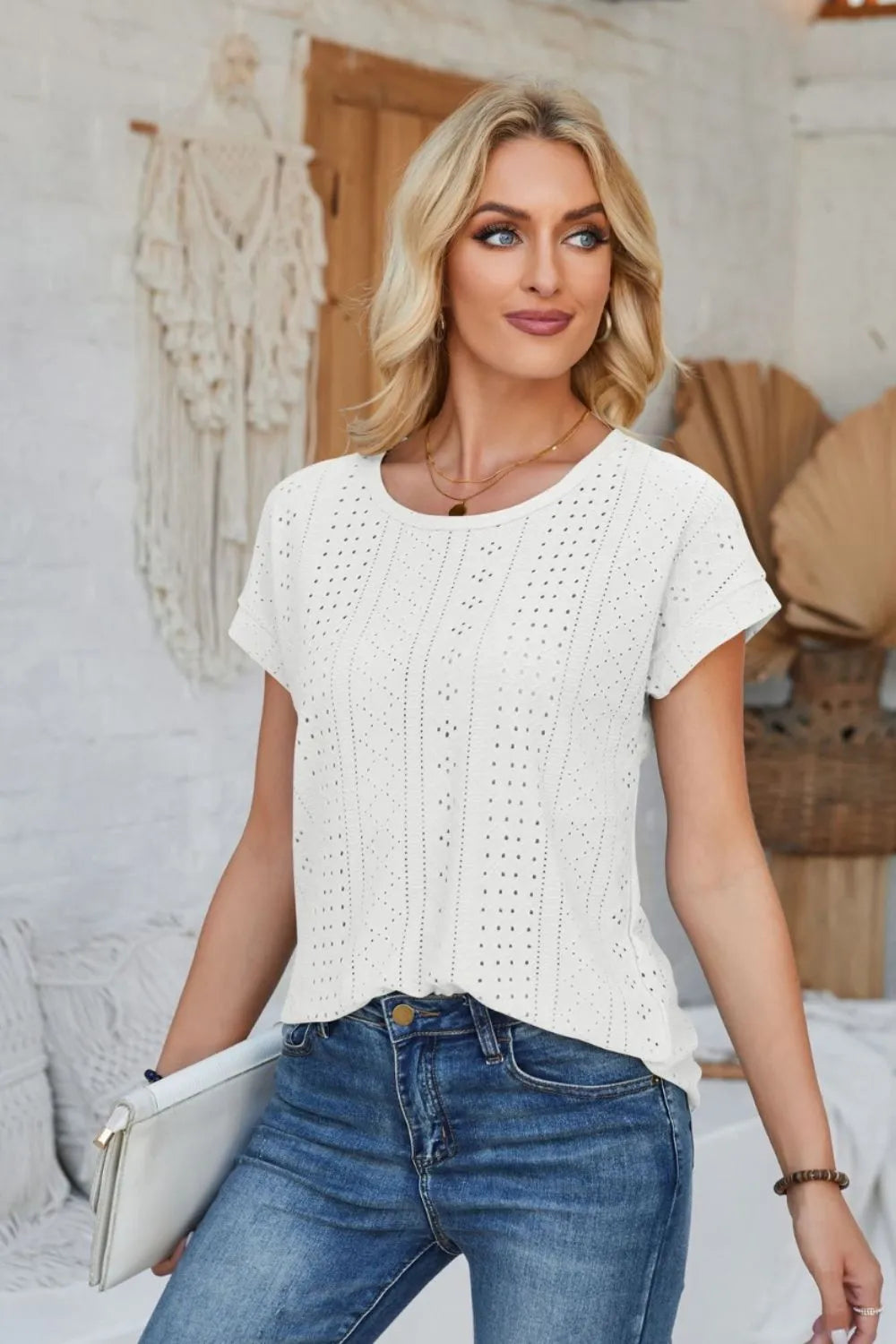 Eyelet Round Neck Rolled Short Sleeve T-Shirt – Trendsi | ClozArt