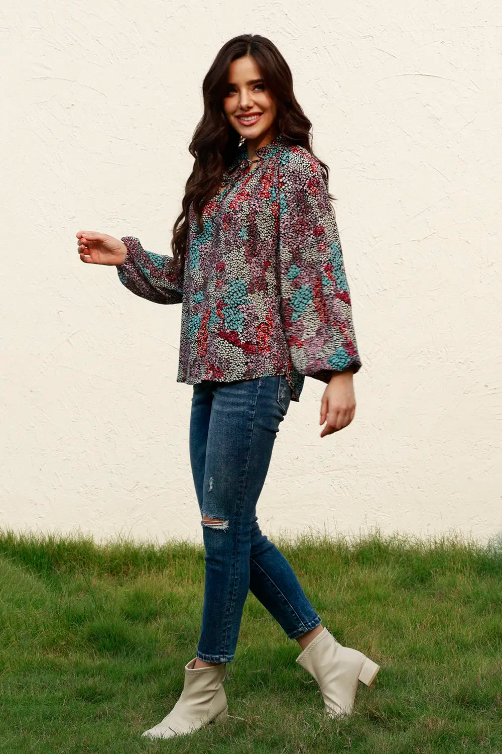 Tie Neck Heathered Balloon Sleeve Blouse – Trendsi | ClozArt