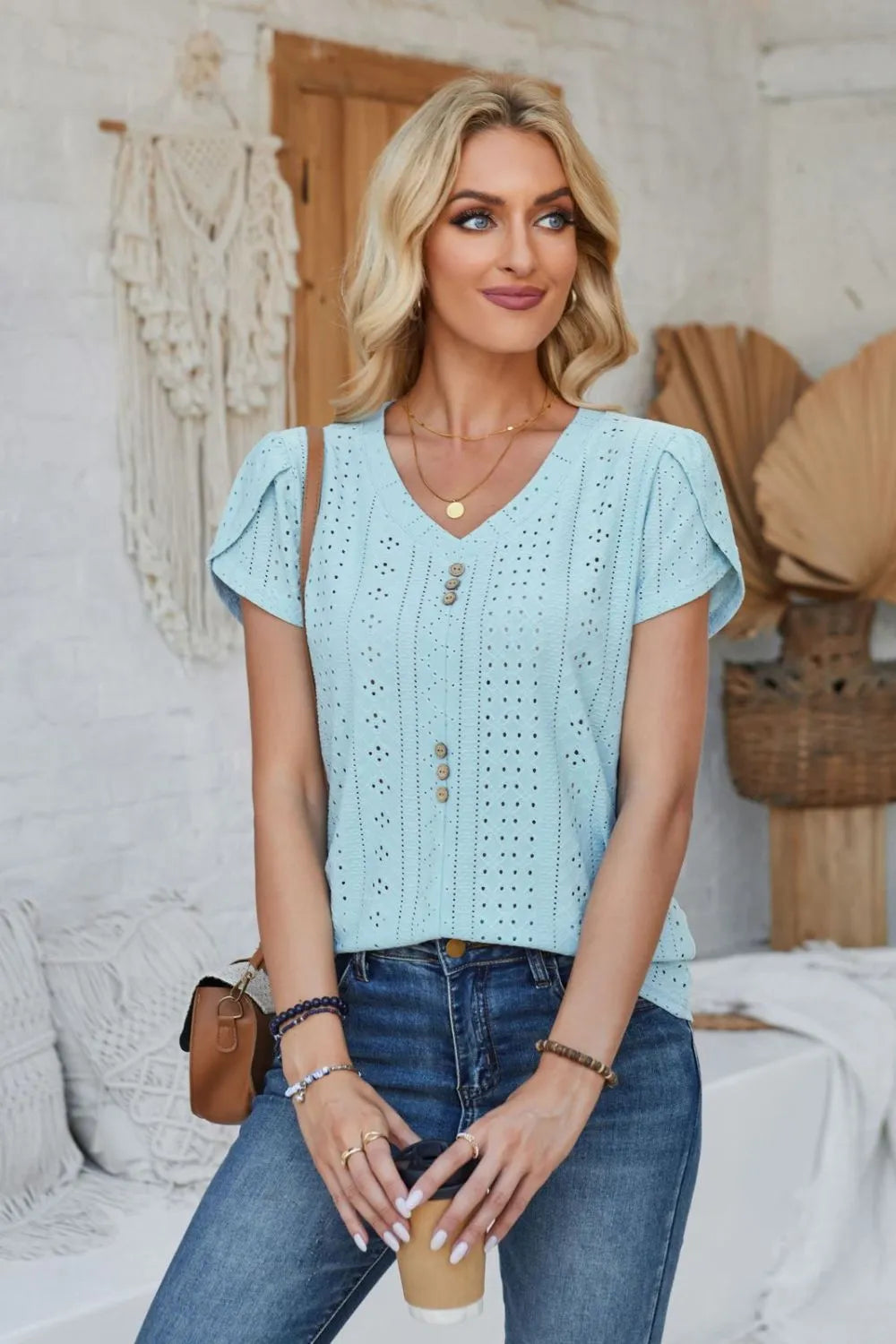 Decorative Button Eyelet V-Neck Short Sleeve T-Shirt – Trendsi | ClozArt