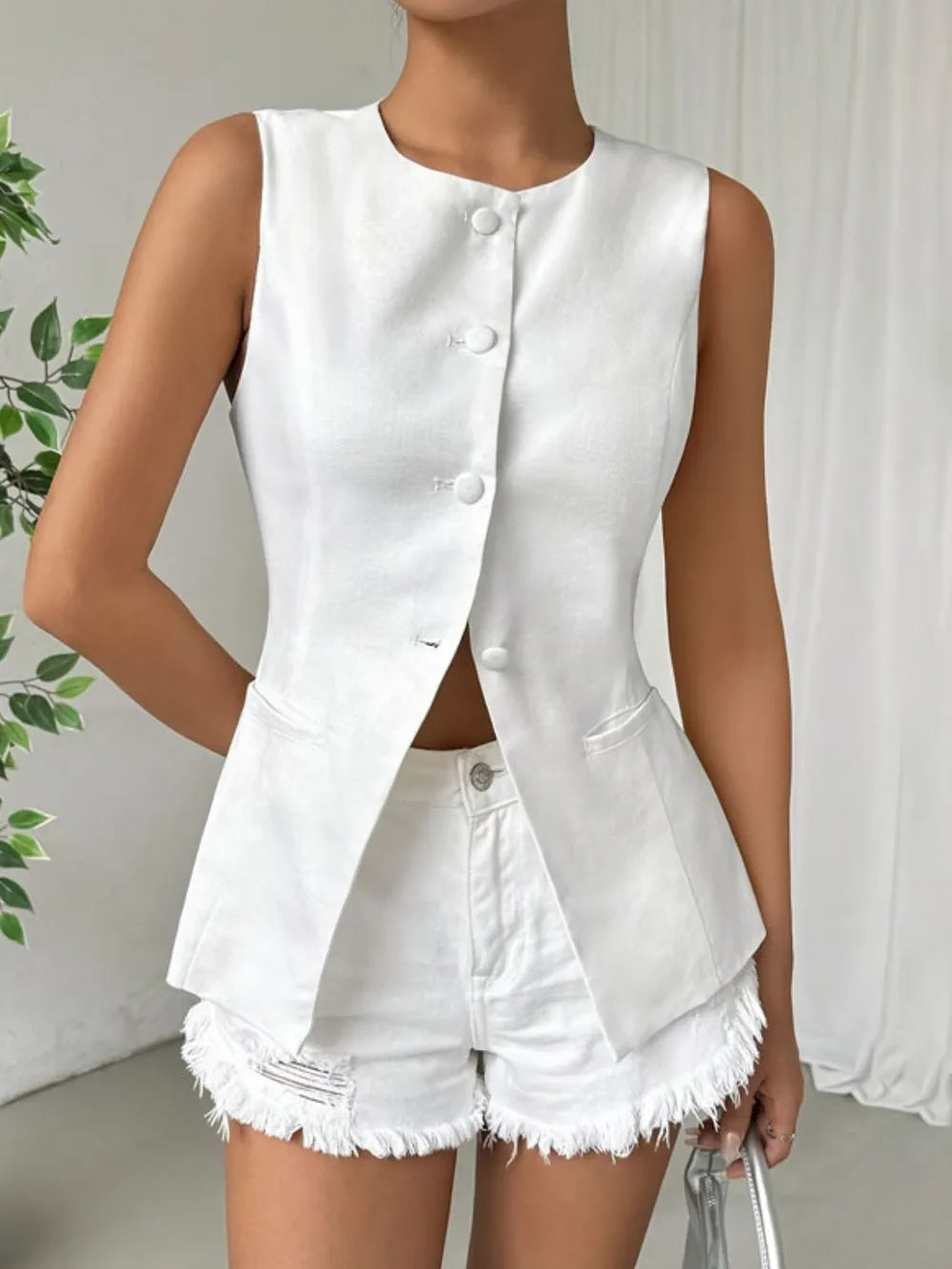 Button Down Round Neck Vest – Trendsi | ClozArt
