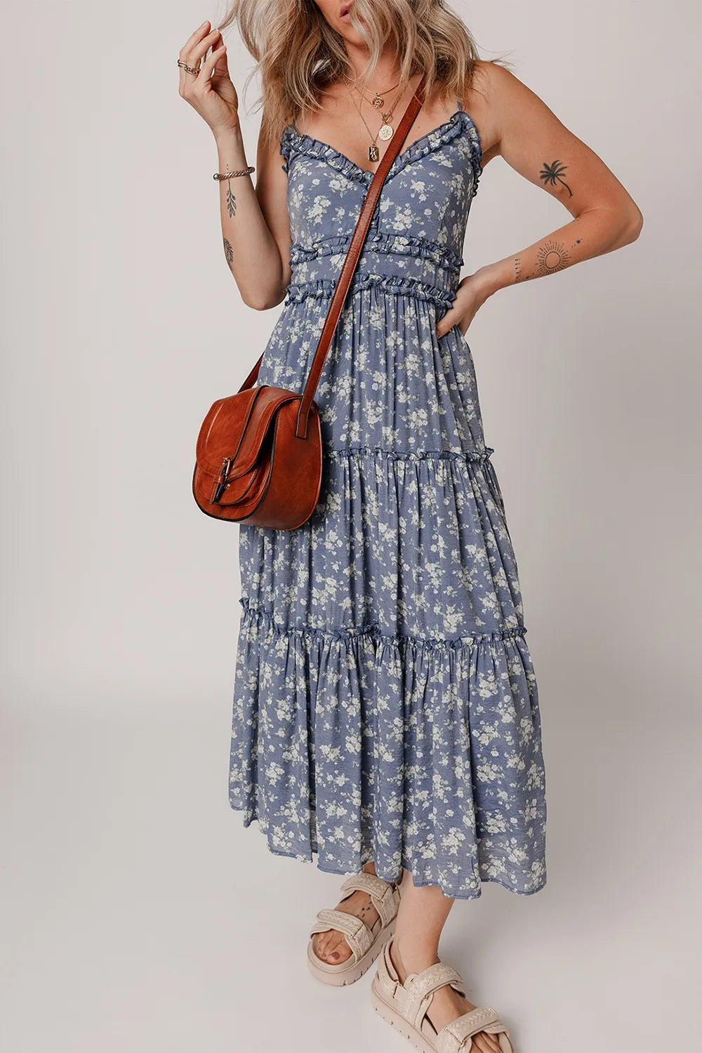 Floral Spaghetti Strap Frilled V Neck Tiered Midi Dress – Trendsi | ClozArt