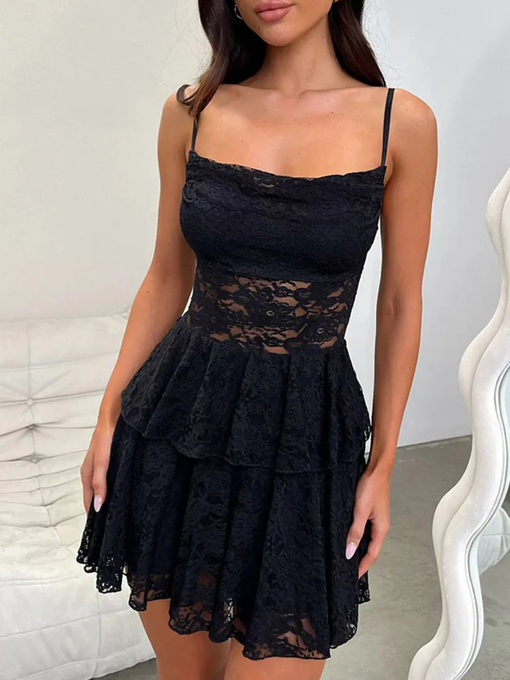 Devine Lace-Up Layered Lace Mini Cami Dress – Trendsi | ClozArt