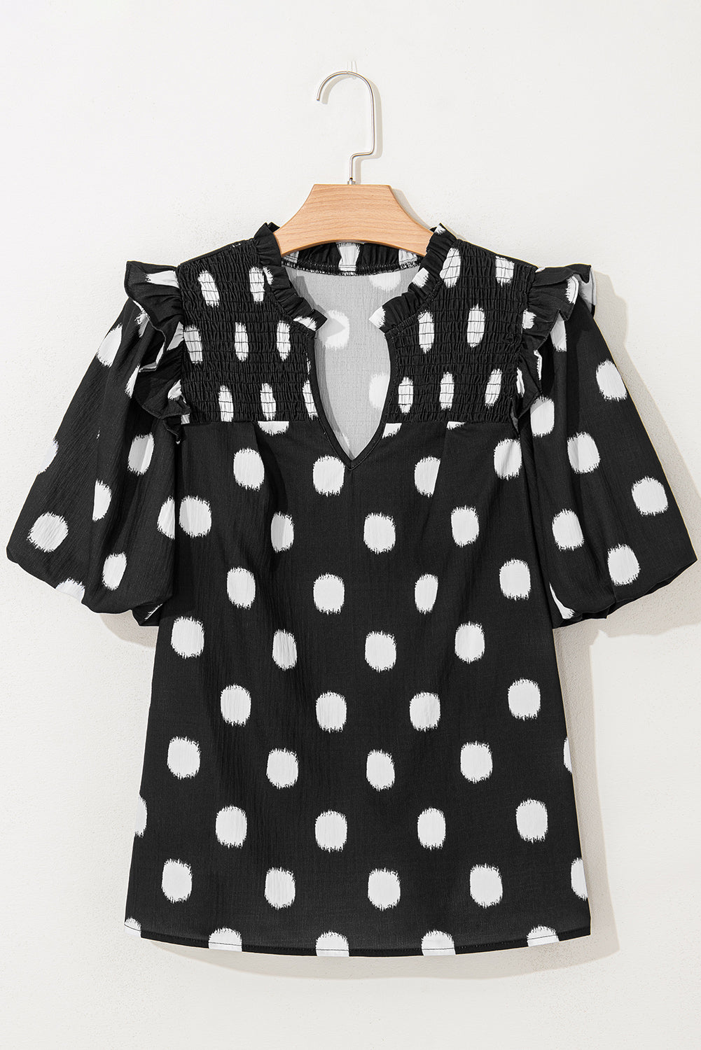 Black Polka Dot Print Smocked Notched Neck Balloon Sleeve Blouse – Shewin | ClozArt