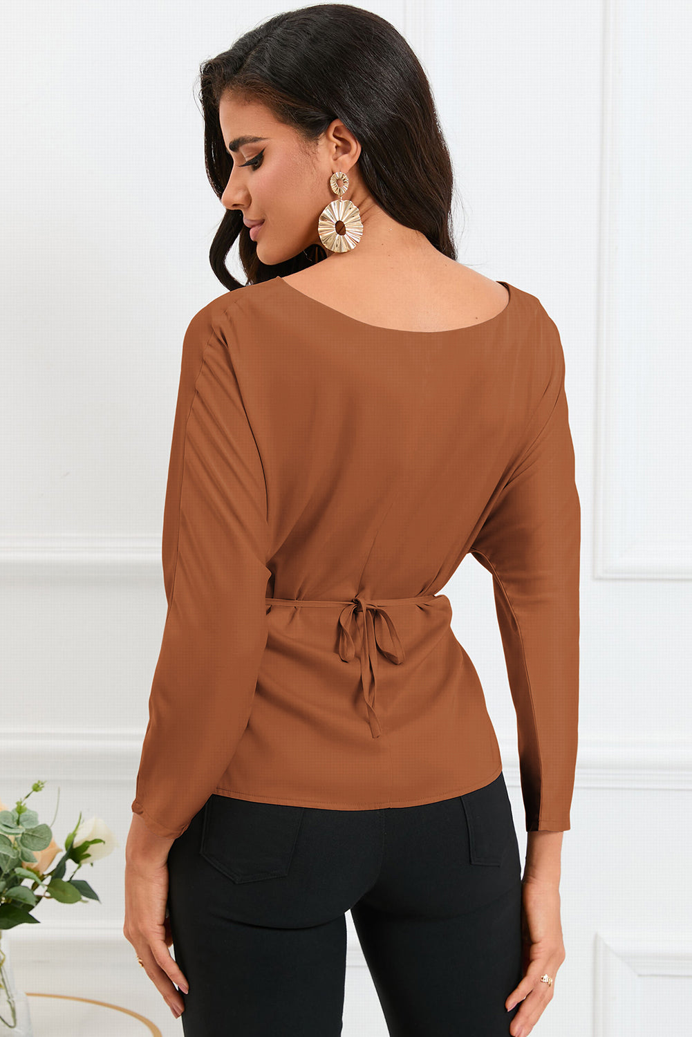 Boat Neck Back Tie Long Sleeve Satin Blouse – Trendsi | ClozArt