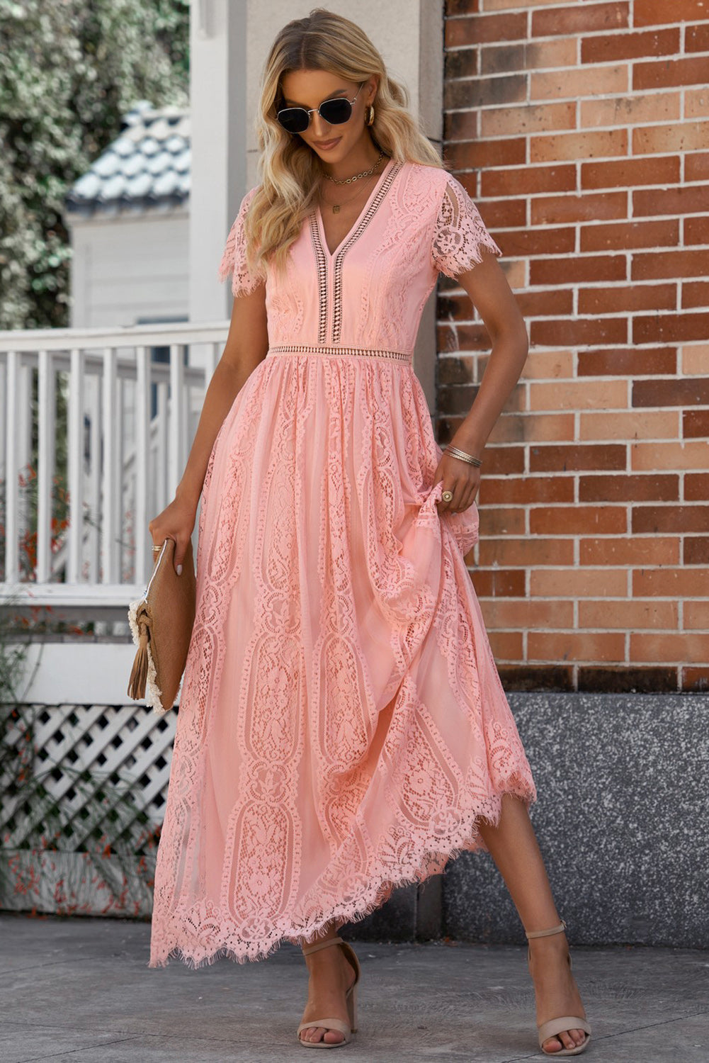 Scalloped Trim Lace Plunge Dress – Trendsi | ClozArt