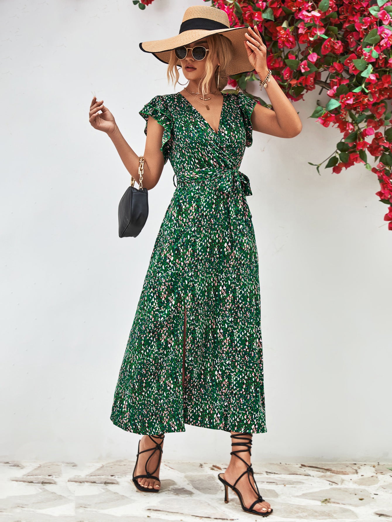 Printed Surplice Neck Flutter Sleeve Slit Dress – Trendsi | ClozArt