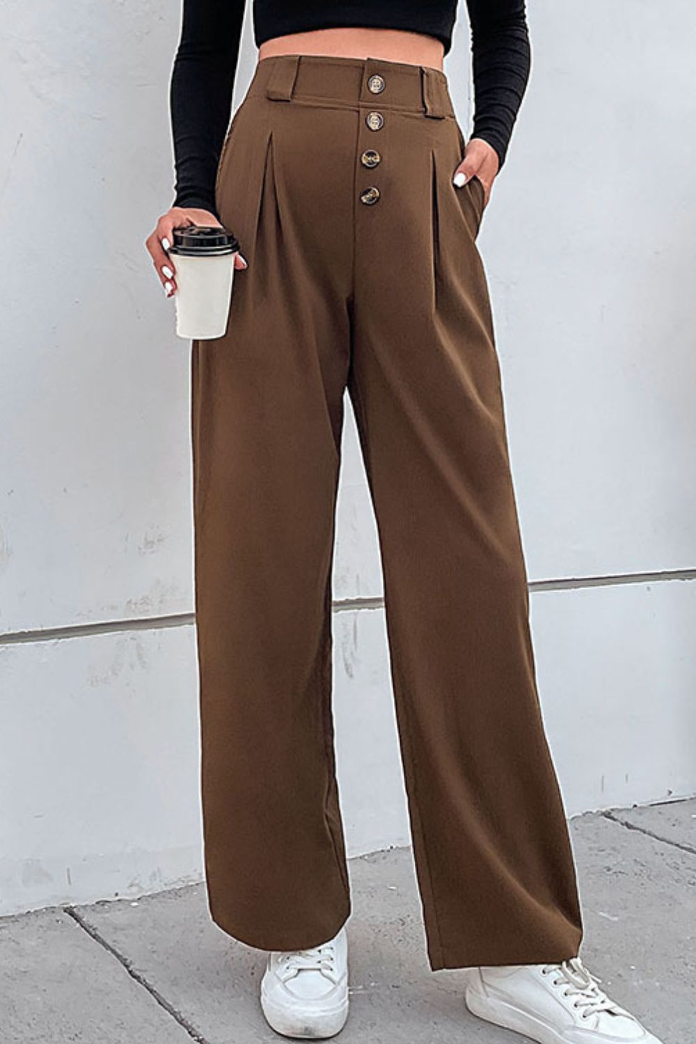 Perfee Button-Fly Pleated Waist Wide Leg Pants with Pockets – Trendsi | ClozArt