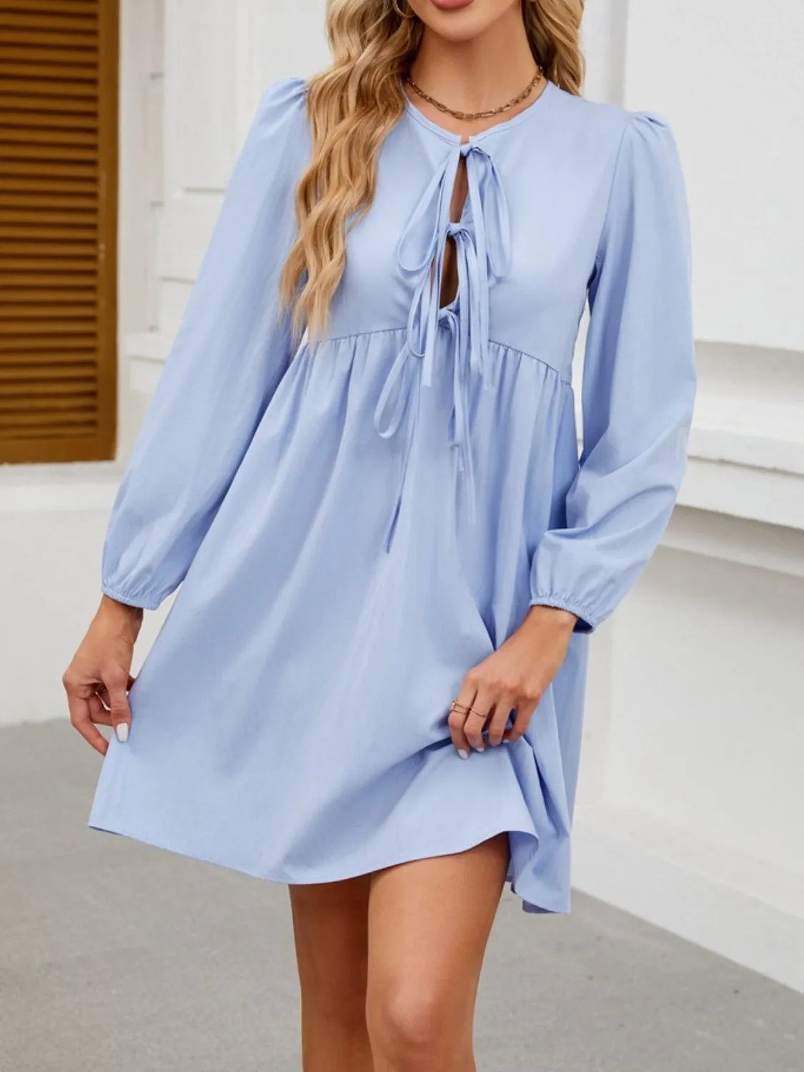 Tie Front Long Sleeve Mini Dress – Trendsi | ClozArt