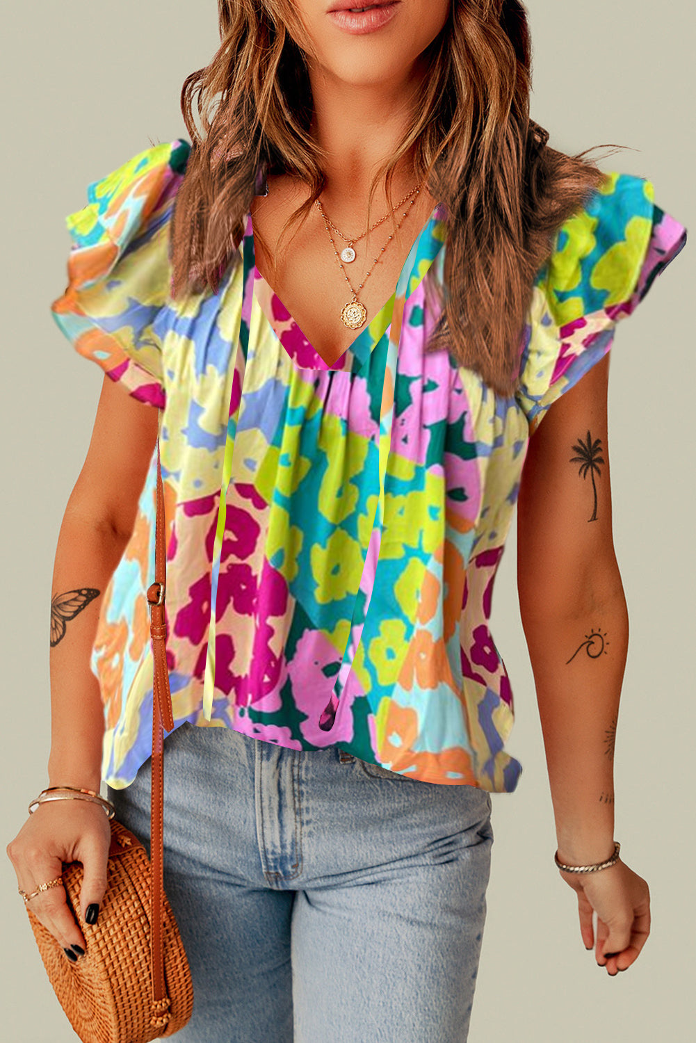 Multicolour Leopard Flutter Sleeve V Neck Crinkled Blouse – Shewin | ClozArt