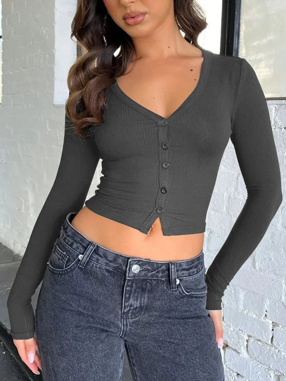 Buttoned V-Neck Long Sleeve T-Shirt – Trendsi | ClozArt