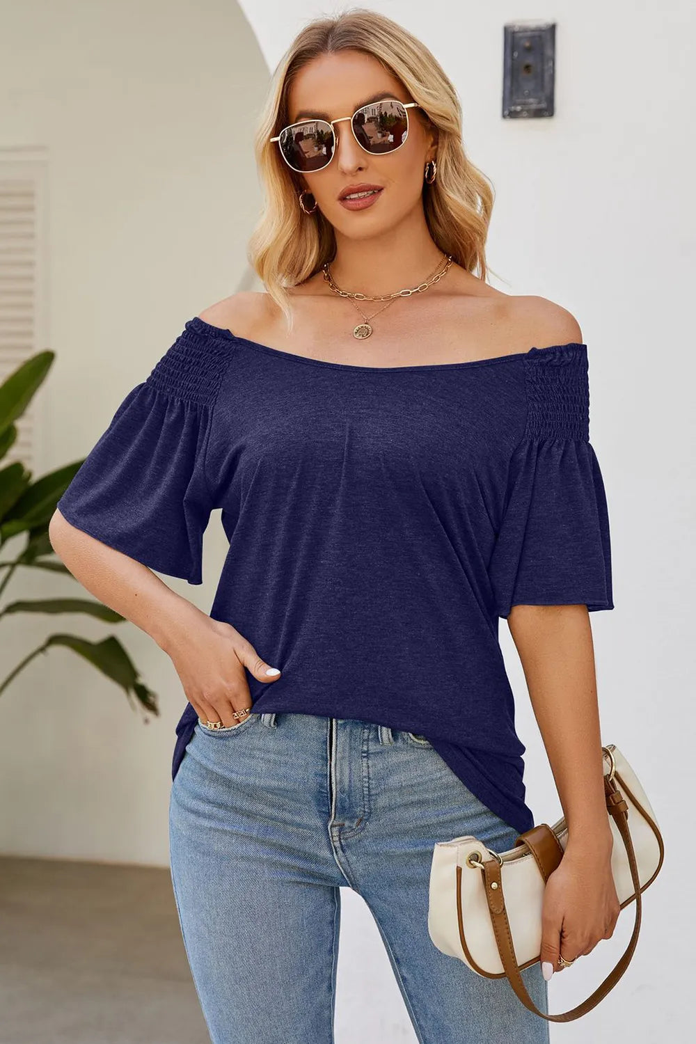 Smocked Round Neck Flutter Sleeve T-Shirt – Trendsi | ClozArt