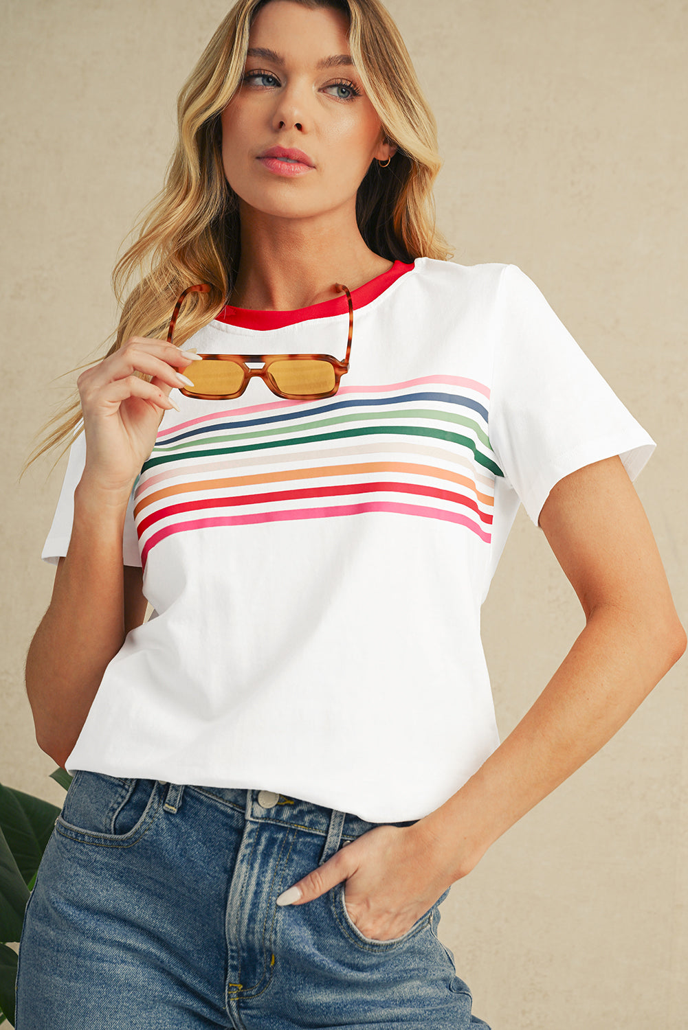 White Rainbow Stripe Print Crewneck T Shirt – Shewin | ClozArt