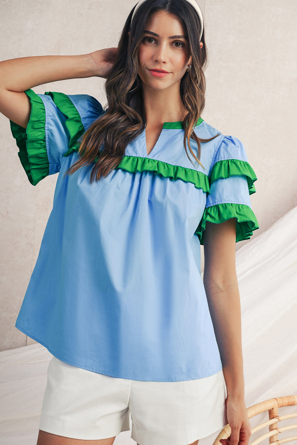 Mist Blue Ruffle Trim V-Neck Puff Sleeve Blouse – Shewin | ClozArt