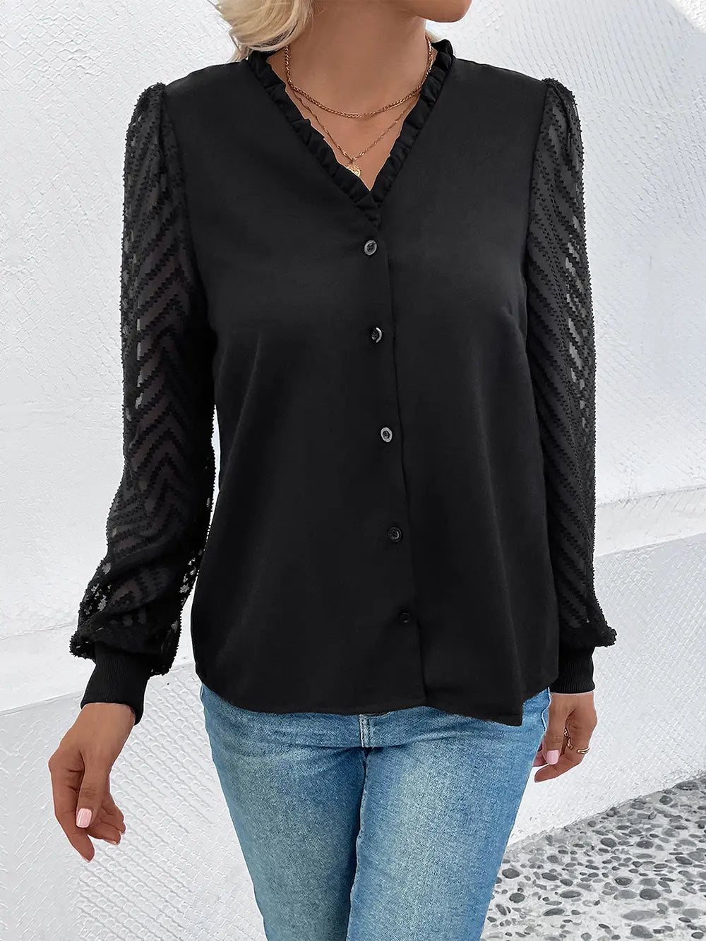 Perfee Mesh V-Neck Button Front Blouse – Trendsi | ClozArt