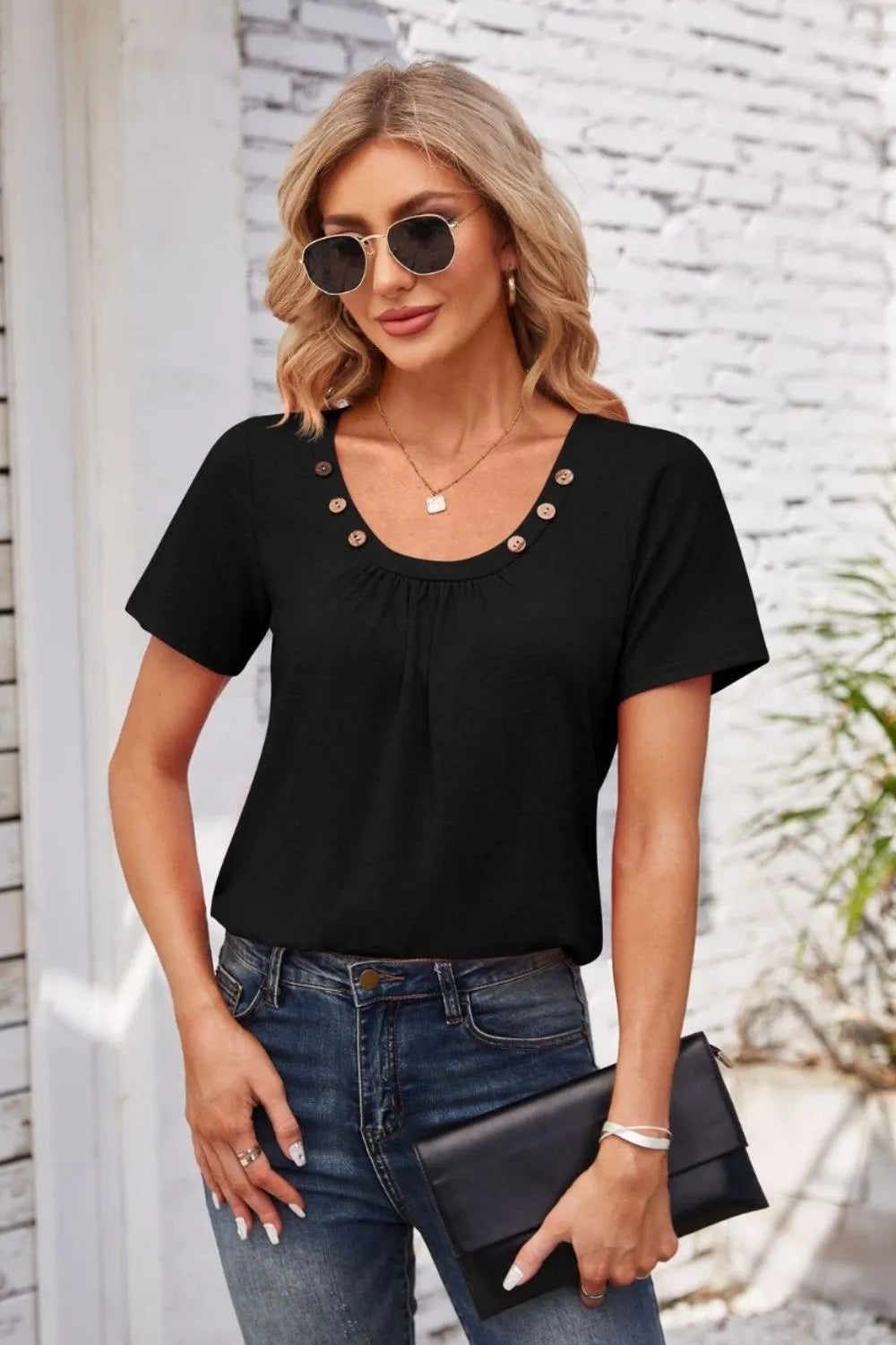 Decorative Button Scoop Neck T-Shirt – Trendsi | ClozArt