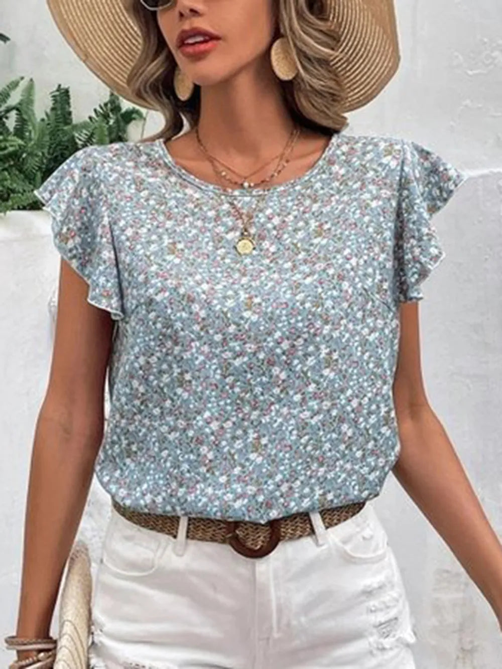 Ditsy Floral Round Neck Cap Sleeve Top – Trendsi | ClozArt