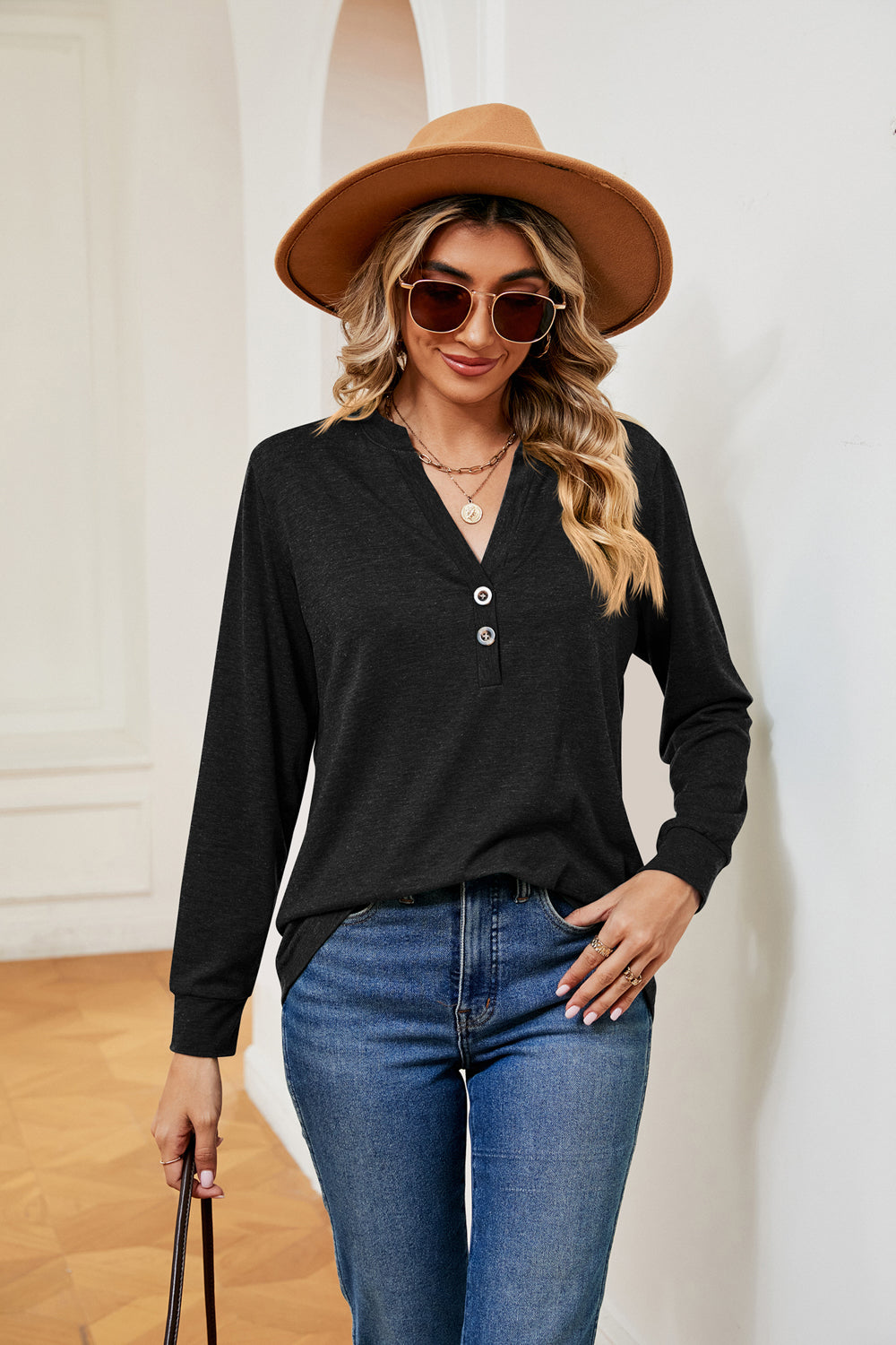 Buttoned Notched Neck Long Sleeve Top – Trendsi | ClozArt