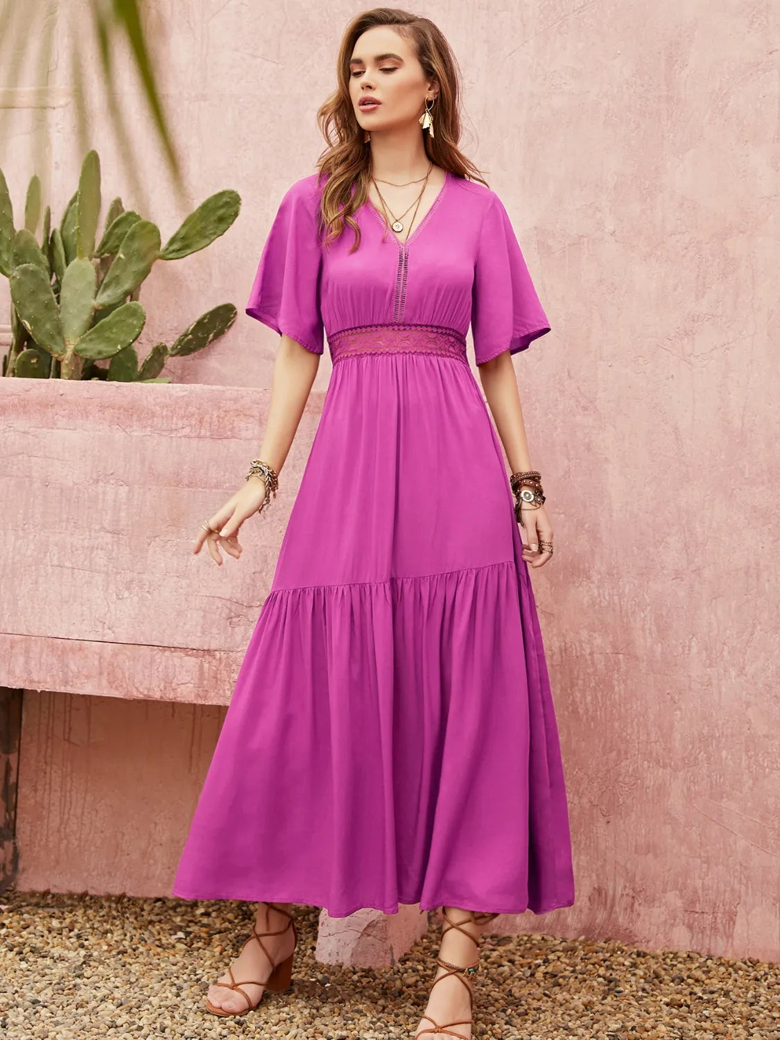 Lace Detail V-Neck Short Sleeve Midi Dress – Trendsi | ClozArt
