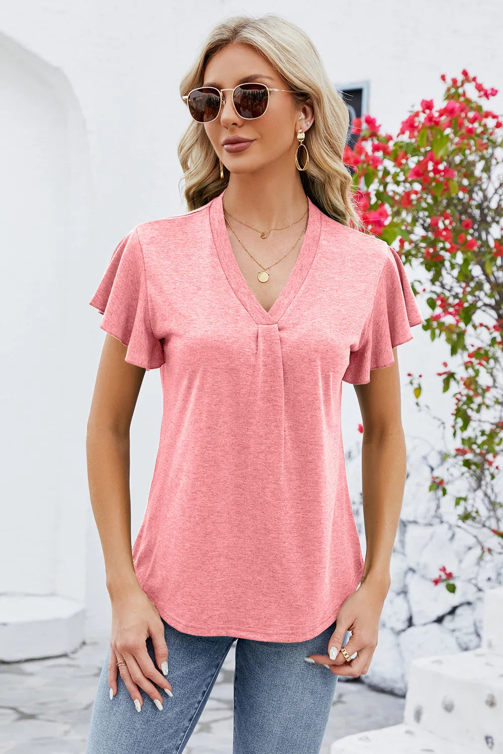 V-Neck Flutter Sleeve T-Shirt – Trendsi | ClozArt