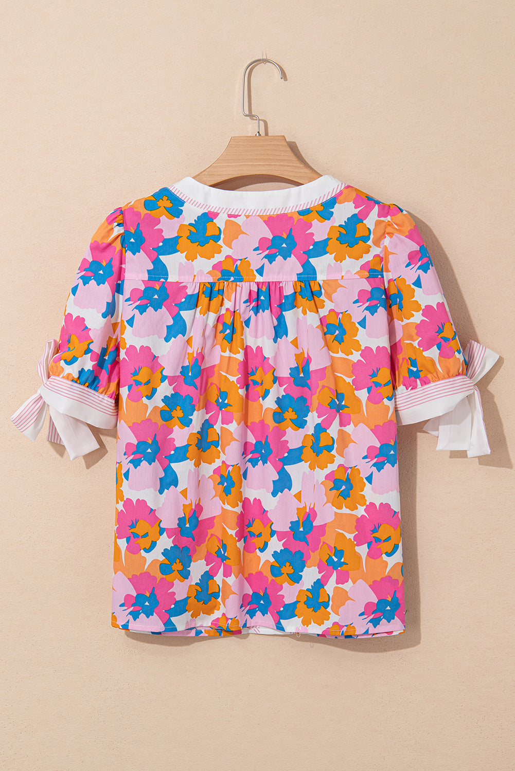 White Floral Colorblock Striped Edge V Neck Knotted Short Sleeve Blouse – Shewin | ClozArt
