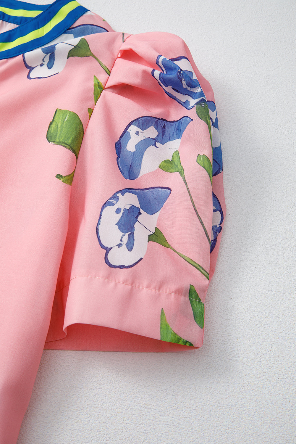 Pink Puff Sleeve Floral Pop of Color Neckline Blouse – Shewin | ClozArt