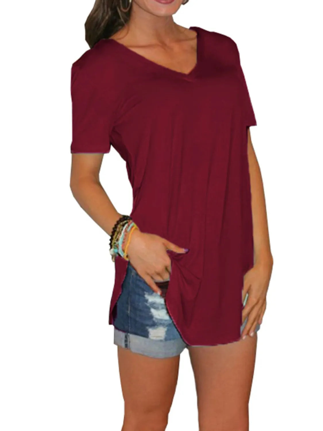 Full Size Solid V-Neck Short Sleeve T-Shirt Plus Size – Trendsi | ClozArt