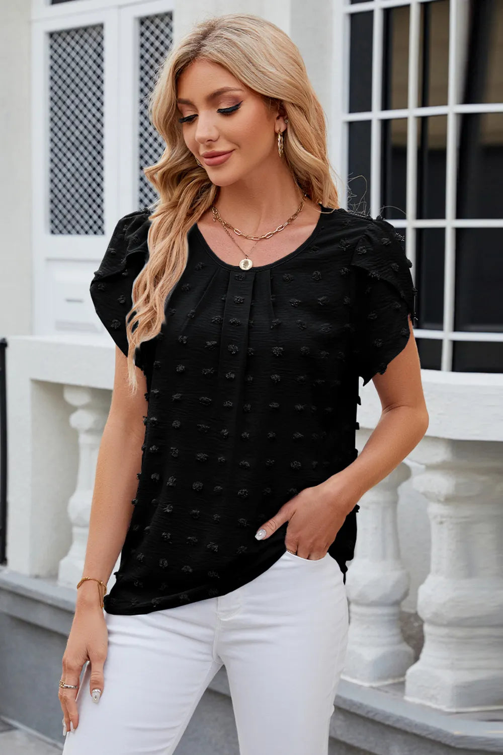Swiss Dot Round Neck Short Sleeve T-Shirt – Trendsi | ClozArt