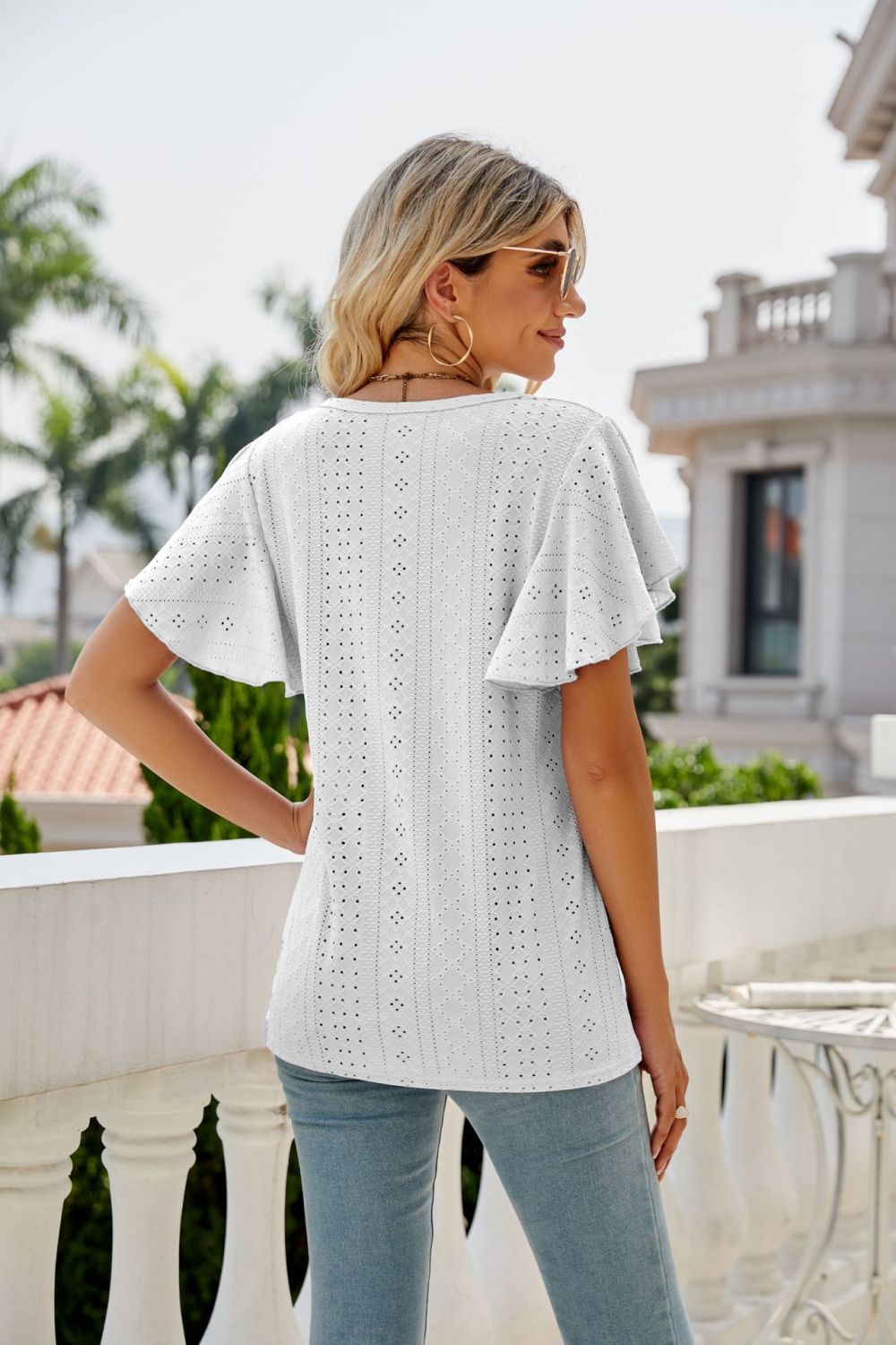 Eyelet Flutter Sleeve Round Neck Top – Trendsi | ClozArt