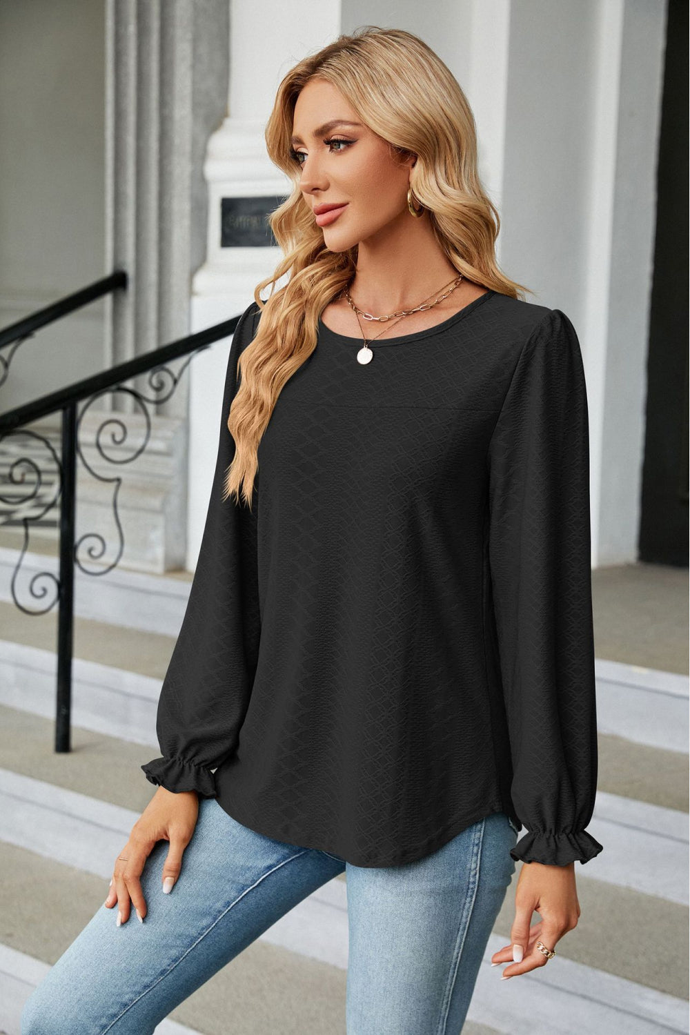 Round Neck Flounce Sleeve Blouse – Trendsi | ClozArt