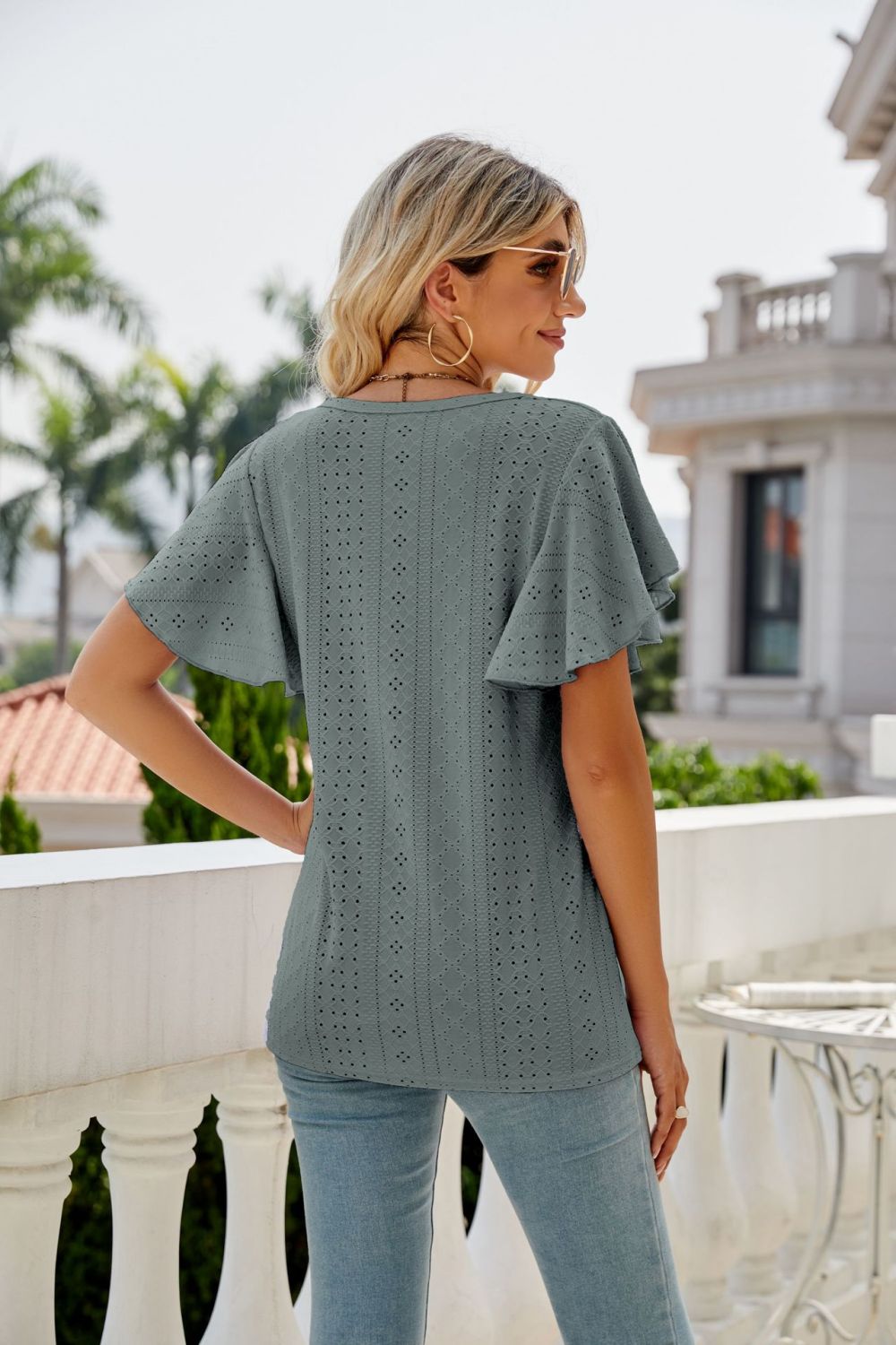 Eyelet Flutter Sleeve Round Neck Top – Trendsi | ClozArt