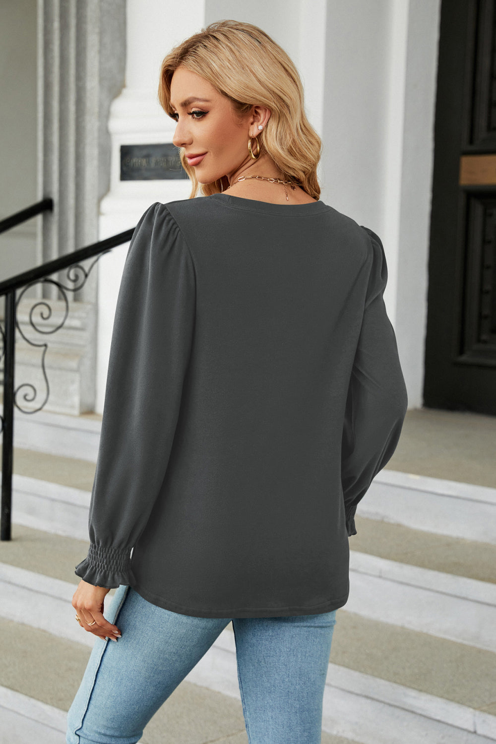 Round Neck Smocked Flounce Sleeve Blouse – Trendsi | ClozArt